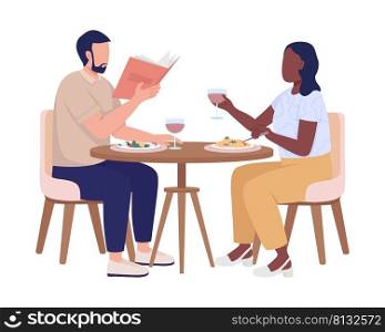 People enjoying food in restaurant semi flat color vector characters. Editable figure. Full body people on white. Cafe service simple cartoon style illustration for web graphic design and animation. People enjoying food in restaurant semi flat color vector characters