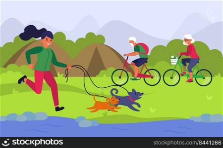 People enjoying outdoor activities in park. C&ing, walking dog, riding bike flat vector illustration. Summer vacation, leisure, lifestyle concept for banner, website design or landing web page