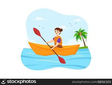 People Enjoying Rowing Illustration with Canoe and Sailing on River or Lake in Active Water Sports Flat Cartoon Hand Drawn Template