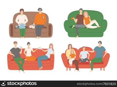 People enjoying sitting on couch vector illustration, family and friends sitting and relaxing, spending free time at home while drinking and eating snacks. People Sitting on Couch Vector Illustration Set