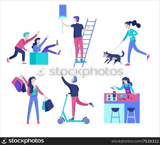 People enjoying their hobbies, reading book, shopping, dancing, cycling, skateboarding, riding a scooter, paint walls and a picture, play the guitar, cooking. Vector character. People enjoying their hobbies. Vector character. Colorful flat