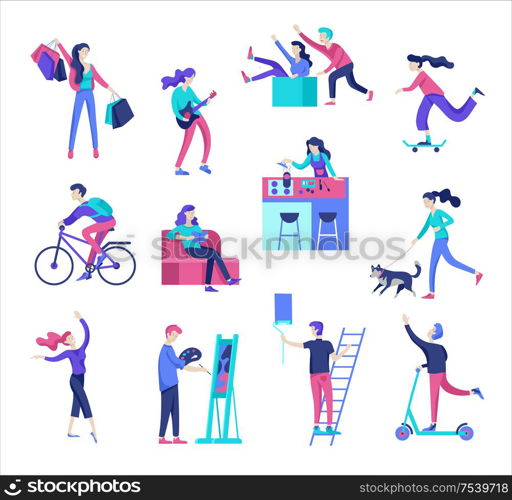 People enjoying their hobbies, reading book, shopping, dancing, cycling, skateboarding, riding a scooter, paint walls and a picture, play the guitar, cooking. Vector character. People enjoying their hobbies. Vector character. Colorful flat