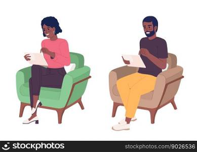People enjoying wireless internet on tablet semi flat color vector characters set. Editable figures on white. Simple cartoon style spot illustration pack for web graphic design and animation. People enjoying wireless internet on tablet semi flat color vector characters set
