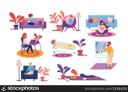 People Every Day Life Routine Set Isolated on White Background. Male, Female Characters Relax, Brushing Teeth, Meditating, Reading, Working Laptop, Taking Bath at Home Cartoon Flat Vector Illustration. People Every Day Life Routine, Spend Time at Home.