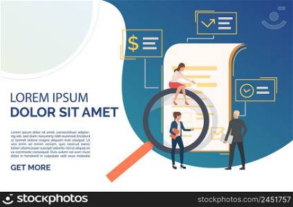 People examining document with loupe. Agreement, scrutiny, exploration. Contract concept. Vector illustration can be used for presentation slides, web pages, layouts