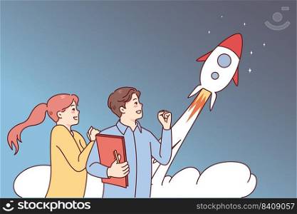 People excited about rocket flying in sky. Businesspeople celebrate shared business startup launch. Innovation and project start. Vector illustration. . People excited about project startup launch