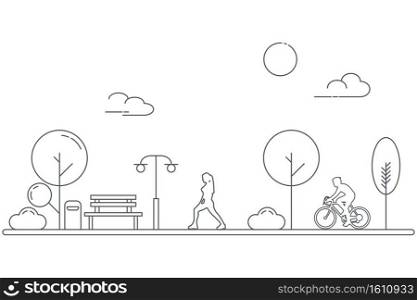 People exercise and relax on garden park background. Vector thin line art.