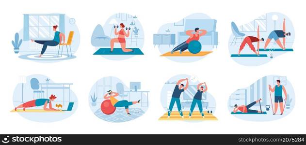 People exercise at home, doing indoor fitness or cardio workout. Characters practicing yoga, stretching, doing aerobic exercises vector set. Athletic couple having physical activities. People exercise at home, doing indoor fitness or cardio workout. Characters practicing yoga, stretching, doing aerobic exercises vector set