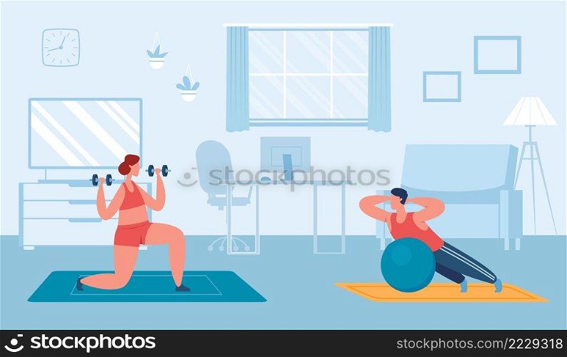 People exercise at home. Woman doing workout with dumbbells on mat, man training with ball in room. Couple leading active lifestyle, doing sport activities in house interior vector. People exercise at home. Woman doing workout with dumbbells on mat, man training with ball in room. Couple leading active lifestyle