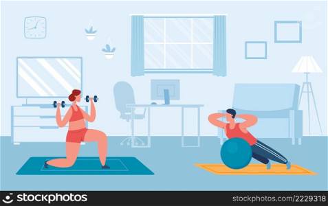 People exercise at home. Woman doing workout with dumbbells on mat, man training with ball in room. Couple leading active lifestyle, doing sport activities in house interior vector. People exercise at home. Woman doing workout with dumbbells on mat, man training with ball in room. Couple leading active lifestyle