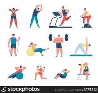 People exercise in gym, athletes training with sports equipment. Characters stretching, lifting dumbbells, fitness workout vector set. Man having cardio training on treadmill, woman doing yoga. People exercise in gym, athletes training with sports equipment. Characters stretching, lifting dumbbells, fitness workout vector set