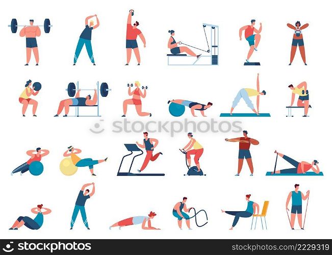 People exercise in gym. Female and male characters leading healthy lifestyle. Men training with barbell, weight, running on treadmill. Women doing yoga, woking out with dumbbells vector set. People exercise in gym. Female and male characters leading healthy lifestyle. Men training with barbell, weight