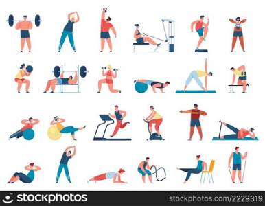 People exercise in gym. Female and male characters leading healthy lifestyle. Men training with barbell, weight, running on treadmill. Women doing yoga, woking out with dumbbells vector set. People exercise in gym. Female and male characters leading healthy lifestyle. Men training with barbell, weight