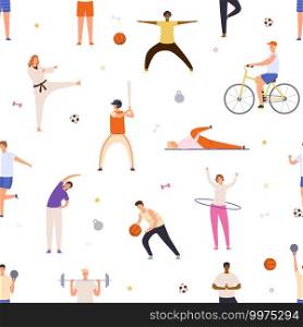 People exercise seamless pattern. Active man and woman do yoga, sport, ride bicycle and play basketball. Flat healthy lifestyle vector print. Characters doing karate, playing baseball and football. People exercise seamless pattern. Active man and woman do yoga, sport, ride bicycle and play basketball. Flat healthy lifestyle vector print