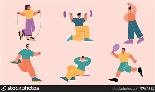 People exercise, sportsmen and sportswomen characters in gym jump with rope, workout with barbel, doing gymnastics, jogging, pumping press and playing tennis, Line art flat vector illustration, set. People exercise, sportsmen characters in gym set