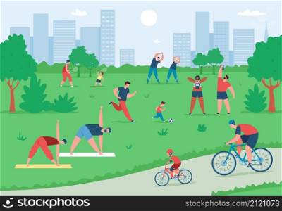 People exercising and doing sports outdoor in summer city park. Active characters riding bikes, doing yoga, playing football vector illustration. Family leading healthy lifestyle together. People exercising and doing sports outdoor in summer city park. Active characters riding bikes, doing yoga, playing football vector illustration