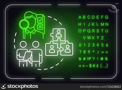 People expertise neon light concept icon. Employee diversity. Professional advice. Building team idea. Outer glowing sign with alphabet, numbers and symbols. Vector isolated RGB color illustration