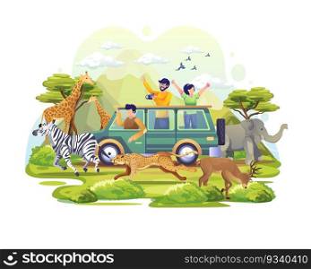 People explore the savanna in a vehicle on World Animal Day. Animals on the planet, Wildlife Day with the animals. Vector Illustration