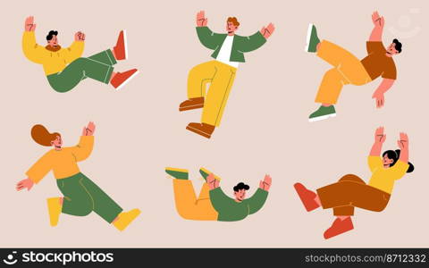 People fall down after slip, slide on wet floor or stumble. Vector flat illustration with person falling with injury risk. Men and women in shock and panic tumble down. People fall down after slip or stumble