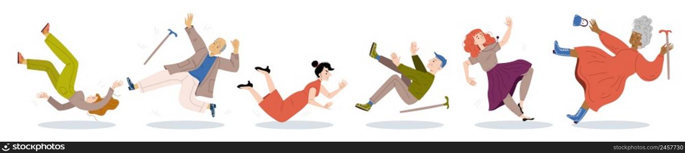 People fall down, clumsiness, danger accident, slip and stumble concept. Senior and young characters in ridiculous postures falling down on wet floor, Linear cartoon flat vector illustration, set. People fall down, clumsiness, danger accident set
