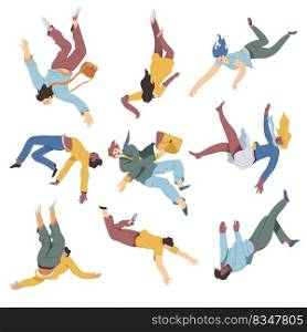 People falling down by accident, clumsy men and women stretching arms and legs hoping for soft fall. Injury and ache, trauma from break. Emergency and dangerous position. Vector in flat style. Clumsy people falling down by accident vector