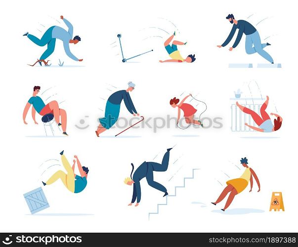 People falling down stairs, tripping and slipping on wet floor. Young or adult characters stumble slip or fall injury accidents vector set. Business failure or misfortune, jumping rope fall. People falling down stairs, tripping and slipping on wet floor. Young or adult characters stumble slip or fall injury accidents vector set