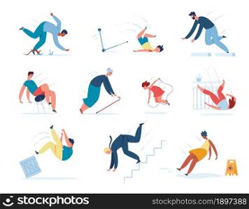 People falling down stairs, tripping and slipping on wet floor. Young or adult characters stumble slip or fall injury accidents vector set. Business failure or misfortune, jumping rope fall. People falling down stairs, tripping and slipping on wet floor. Young or adult characters stumble slip or fall injury accidents vector set