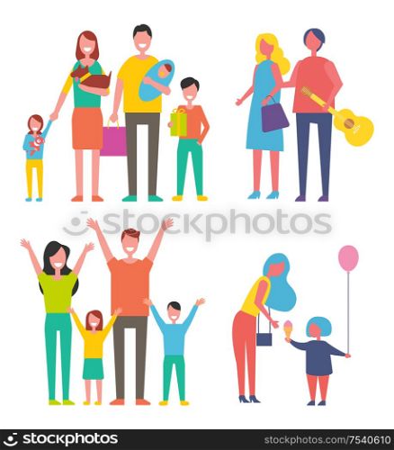 People families isolated icon set. Mother and father with kids, son and daughter, newborn child. Couple with guitar, musician and lady walking vector. People Families Icons Set Vector Illustration