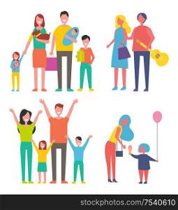 People families isolated icon set. Mother and father with kids, son and daughter, newborn child. Couple with guitar, musician and lady walking vector. People Families Icons Set Vector Illustration