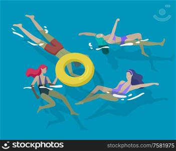 People family and children in sea, pool or ocean performing activities. Men or women swimming in swimwear, diving, surfing, lying on floating air mattress, playing ball. Cartoon vector illustration. People family and children in sea, pool or ocean performing activities. Men or women swimming in swimwear, diving, surfing, lying on floating air mattress, playing ball. Cartoon vector