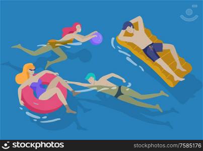 People family and children in sea, pool or ocean performing activities. Men or women swimming in swimwear, diving, surfing, lying on floating air mattress, playing ball. Cartoon vector illustration. People family and children in sea, pool or ocean performing activities. Men or women swimming in swimwear, diving, surfing, lying on floating air mattress, playing ball. Cartoon vector