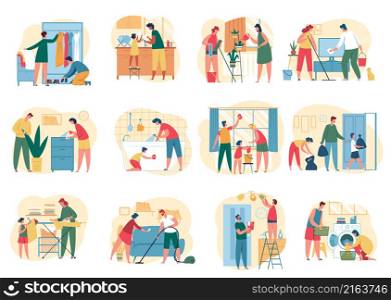 People family cleaning house with mop vacuum. Vector domestic and housework, cleaning together illustration. People family cleaning house with mop vacuum