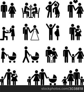 People family vector icon set. Love and life. People family vector icon set. Love and family life black pictograms illustration