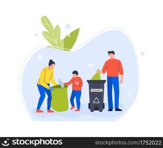 People family volunteers collect plastic and organic garbage. Trash organic container to recycling, ecology dustbin. Vector illustration. People family volunteers collect plastic and organic garbage