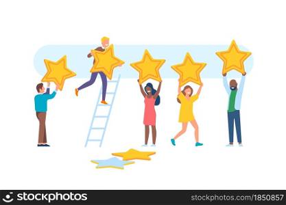 People feedback. Happy men and women characters with big stars, rating appreciation, app ranking, users give points for service and positive review vector set. People feedback. Happy men and women characters with big stars, rating appreciation, app ranking, users give points for service, vector set