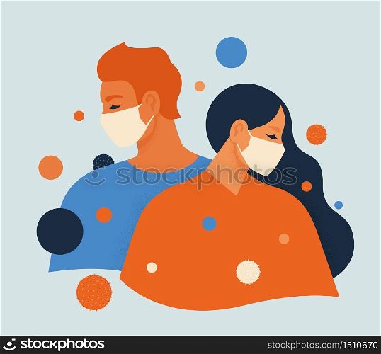 People feel anxiety and fear wearing medical masks to prevent disease, flu, air pollution, contaminated air, world pollution. Vector illustration flat style. People feel anxiety and fear wearing medical masks to prevent disease, flu, air pollution, contaminated air, world pollution. Vector illustration flat style.