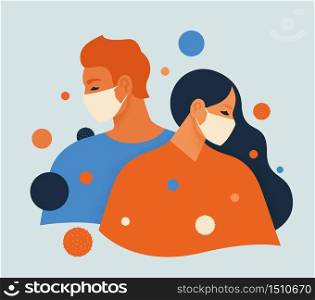 People feel anxiety and fear wearing medical masks to prevent disease, flu, air pollution, contaminated air, world pollution. Vector illustration flat style. People feel anxiety and fear wearing medical masks to prevent disease, flu, air pollution, contaminated air, world pollution. Vector illustration flat style.
