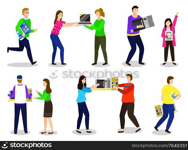 People fighting for items on sale. Isolated characters holding appliances and gadgets. Women arguing because of computer with discount. Male running with kettle. Kid with smartphone. Black friday sale. Arguing People at Store, Fights for Sale Items