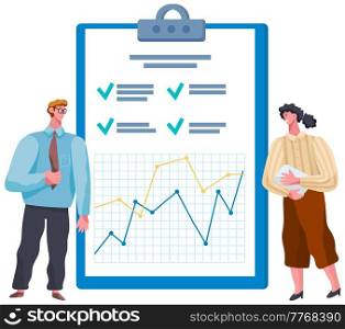 People fill out questionnaire. Project planning, management. Colleagues with clipboard discussing business performance on graph near big checklist. Student with file folder puts marks in worksheet. People fill out questionnaire. Colleagues with clipboard. Offline exam concept. Project management
