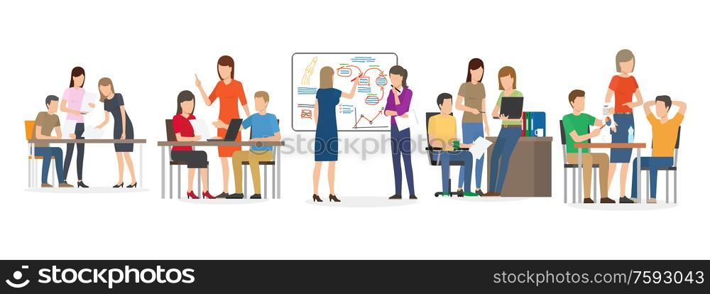 People finding new ideas vector, man and woman with whiteboard, information on board, office workers teamwork brainstorming solution to problem isolated. Team of workers work with new idea. Business People at Work Presenting Ideas on Board