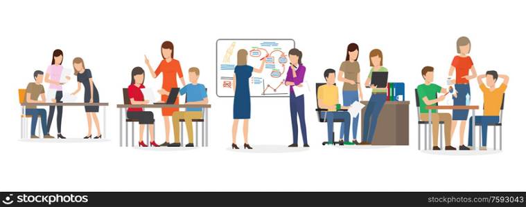 People finding new ideas vector, man and woman with whiteboard, information on board, office workers teamwork brainstorming solution to problem isolated. Team of workers work with new idea. Business People at Work Presenting Ideas on Board