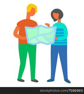 People finding their way vector, isolated couple using map printed information with cities and signs. Atlas in hands of travelers, active lifestyle. People Finding Their Way, Couple Using Map Info