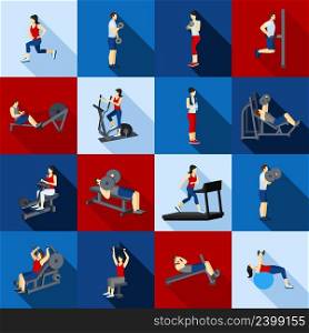 People fitness workout in gym flat long shadow icons set isolated vector illustration. Gym Workout People Flat Set