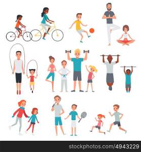 People Flat Fitness Set. People flat fitness set with parents and children involving in sport activities isolated vector illustration