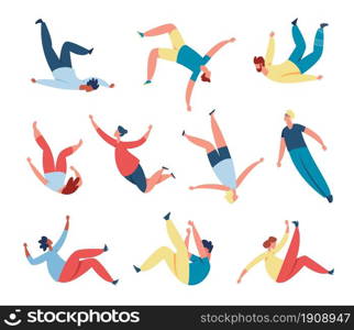 People floating, soaring in air or sky, person flying in space. Men and women characters sleep and fly in dreams or imagination vector set. Creative free flight, active leisure time. People floating, soaring in air or sky, person flying in space. Men and women characters sleep and fly in dreams or imagination vector set