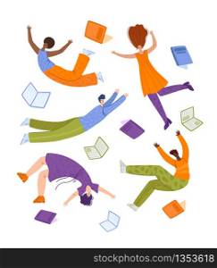People flying dreaming with books, miniature men and girls, students in dynamic poses isolated on white. Study, literature fans, lovers concept, flat cartoon textured characters - vector illustration. Literature fans people with books
