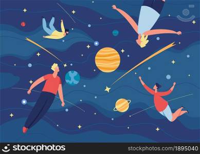 People flying in space, characters floating in zero gravity. Men and women fly in dreams, imagination, creative exploration vector illustration. Cosmos journey or astronomic adventures. People flying in space, characters floating in zero gravity. Men and women fly in dreams, imagination, creative exploration vector illustration