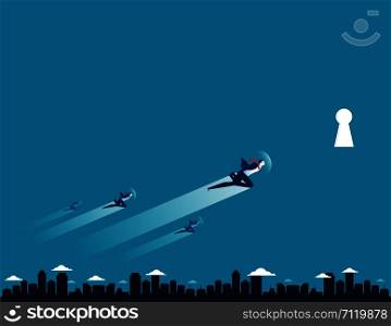 People flying into a keyhole. Concept business illustration. Vector
