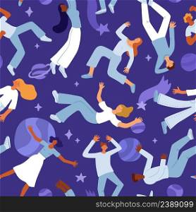 People flying space seamless pattern. Happy men and women floating in zero gravity. Interstellar flight. Persons in cosmos. Galaxy discovers relaxing in different poses. Vector cosmic background. People flying space seamless pattern. Men and women floating in zero gravity. Interstellar flight. Persons in cosmos. Galaxy discovers relaxing in different poses. Vector background