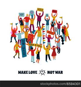 People for peace design concept with protesting crowd and make love not war text flat vector illustration. People For Peace Design Concept 